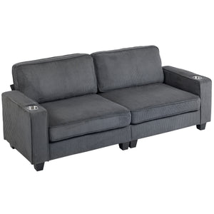 3-seater fabric sofa with spring cushions and cup holders, dark grey