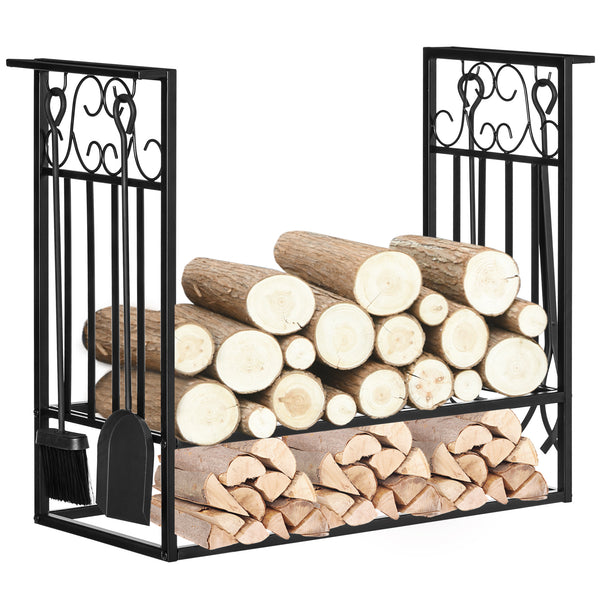 Support à bois de chauffage avec 4 outils pour foyer et base surélevée – Noir