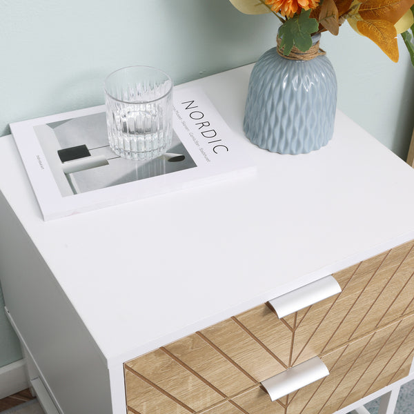 Table de chevet moderne avec 2 tiroirs et structure en acier, blanc et chêne