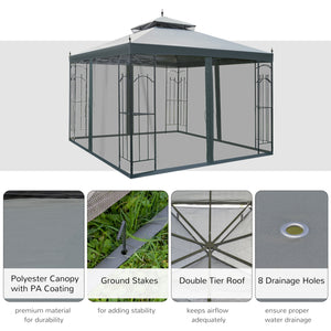 Outsunny 10'x10' Steel Outdoor Patio Gazebo Canopy Gray with Mesh Curtains Shelves |
