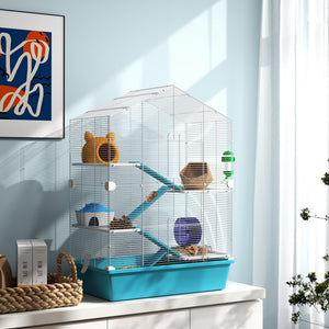 Cage pour hamster à 5 niveaux avec plateformes, rampes et accessoires – Blanc et bleu pâle