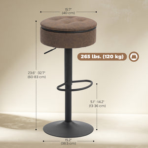 Set of 2 swivel bar stools with storage, faux leather upholstery, footrest, steel base, brown