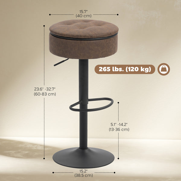 Set of 2 swivel bar stools with storage, faux leather upholstery, footrest, steel base, brown