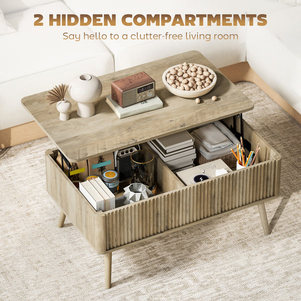 Table basse relevable avec rangement, chêne