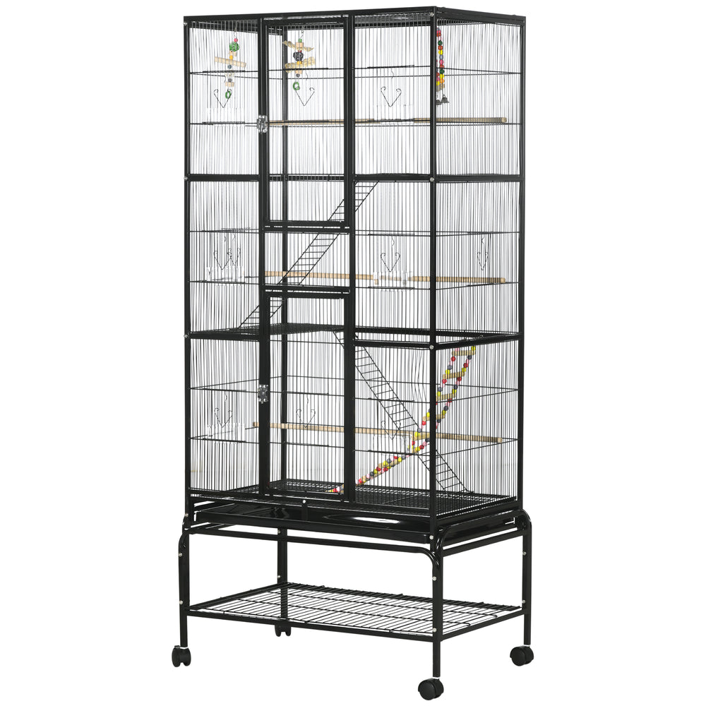 Cage à oiseaux avec roulettes, perchoirs, rampe, étagère de rangement, jouets pour canaris, pinsons, calopsittes et perruches, noire