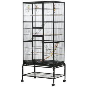 Cage à oiseaux avec roulettes, perchoirs, rampe, étagère de rangement, jouets pour canaris, pinsons, calopsittes et perruches, noire