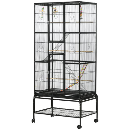 Cage à oiseaux avec roulettes, perchoirs, rampe, étagère de rangement, jouets pour canaris, pinsons, calopsittes et perruches, noire