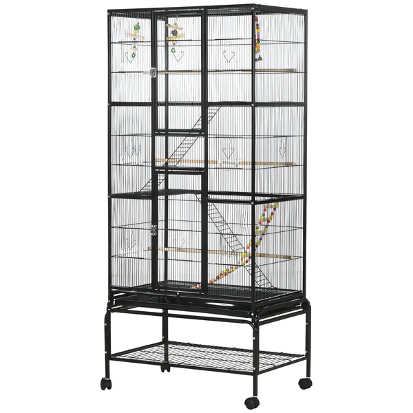 Cage à oiseaux avec roulettes, perchoirs, rampe, étagère de rangement, jouets pour canaris, pinsons, calopsittes et perruches, noire