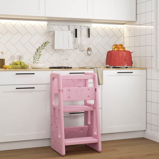 Toddler Kitchen Stool, 2 Steps, with Height Adjustable Platform and Safety Rail, Pink