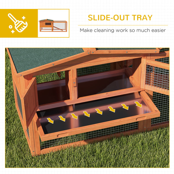 Wooden hutch with removable tray, opening roof, waterer, and run
