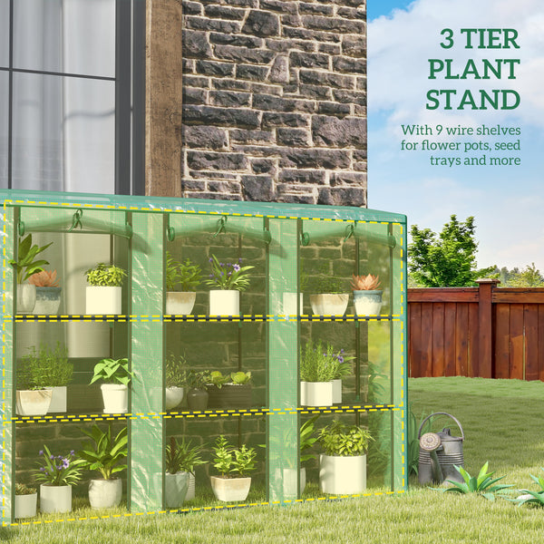 Lean-to greenhouse with 3 tiered shelves and 3 roll-up doors
