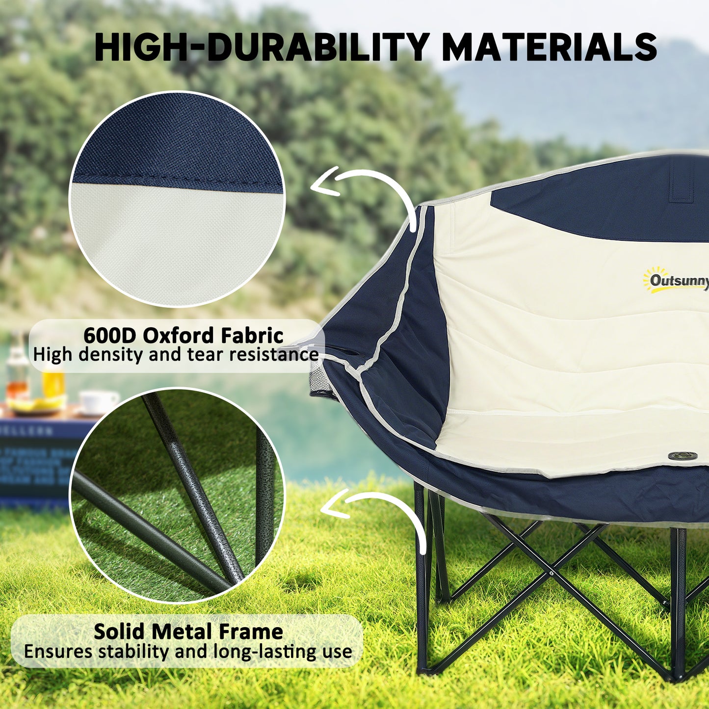 Outsunny Portable Camping Chair, Double Camping Chair with Cup Holders and Carry Bag, Load Capacity: 250kg, Navy Blue