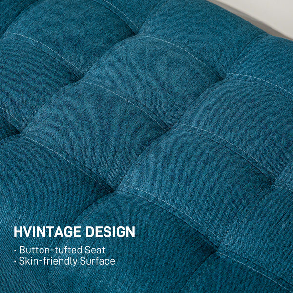 Pouf de rangement en tissu lin avec capitonnage à boutons, bleu