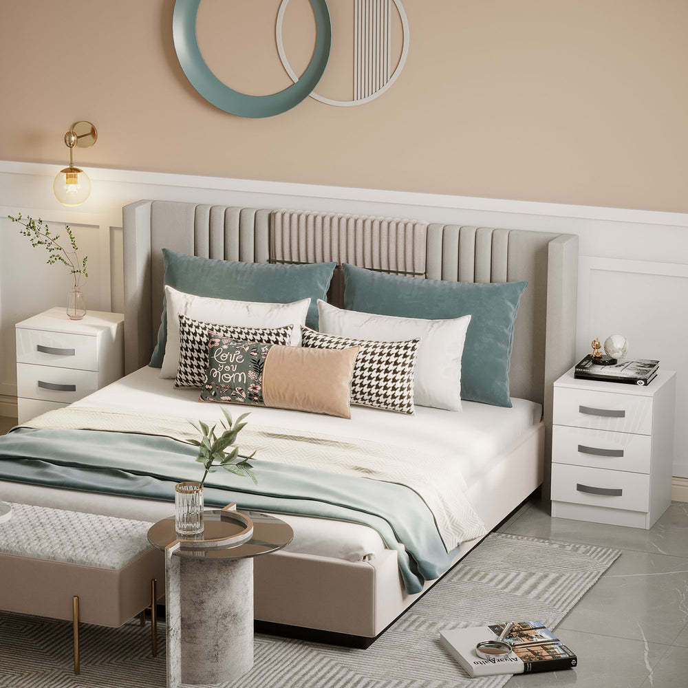 Ensemble de 2 tables de chevet modernes avec 3 tiroirs brillants, blanc