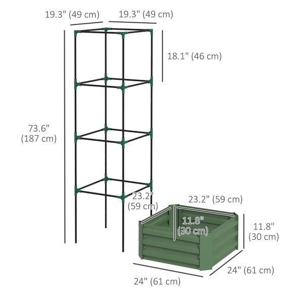 Raised galvanized planter with 4-tier trellis, green