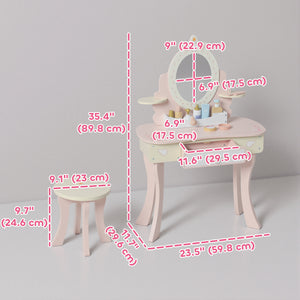 Coiffeuse avec miroir, tabouret et 7 accessoires, rose