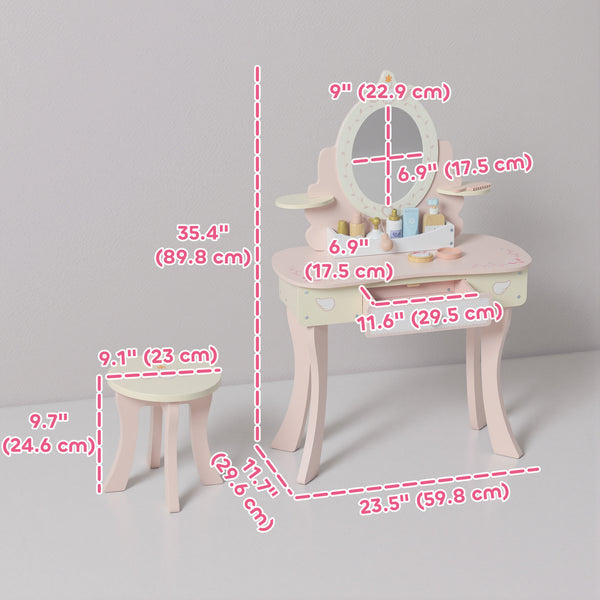Coiffeuse avec miroir, tabouret et 7 accessoires, rose