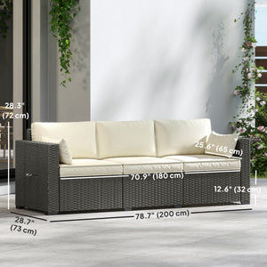 3 Seater Wicker Patio Sofa with Side Trays, Outdoor Couch with 6" Thick Back Cushions, Deep Seating, Cream White