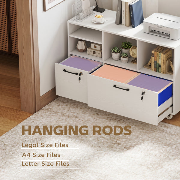 Mobile File Cabinet, 2-Drawer Lateral Filing Cabinet Printer Stand with Lock, Charging Station, Hanging Bars, White