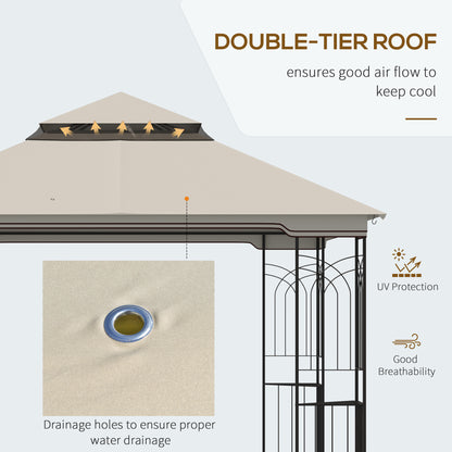 Gazebo 10'x10' à toit souple avec toit à deux niveaux, rideaux en maille, étagères, crochets supérieurs, beige