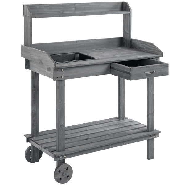 Table de rempotage en bois avec 2 roulettes amovibles, grise