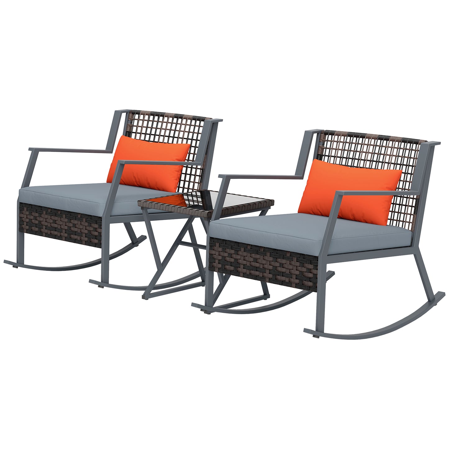 Outsunny 3 Pieces Rocking Bistro Set, Wicker Patio Furniture Set with Cushions and Glass Table for Porch, Balcony, Gray |