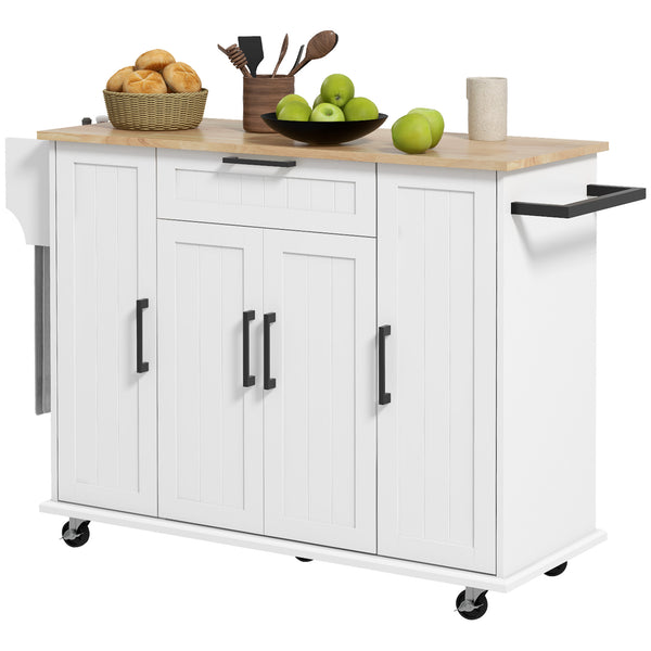 Îlot de cuisine roulant moderne avec tiroirs, plateau en bois naturel, porte-serviettes et placard de rangement, blanc