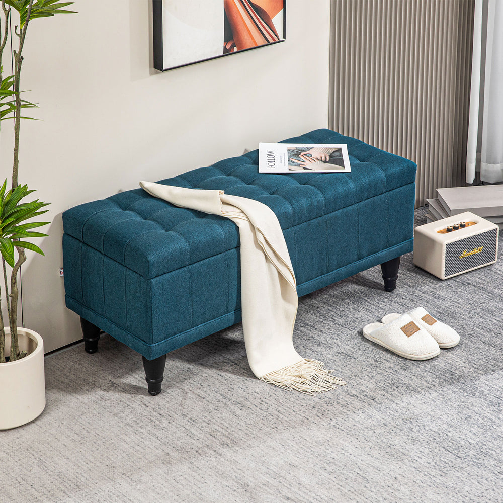 Pouf de rangement en tissu lin avec capitonnage à boutons, bleu