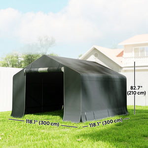 Portable waterproof garden shed with roll-up zip door and reinforced galvanized metal frame, dark grey