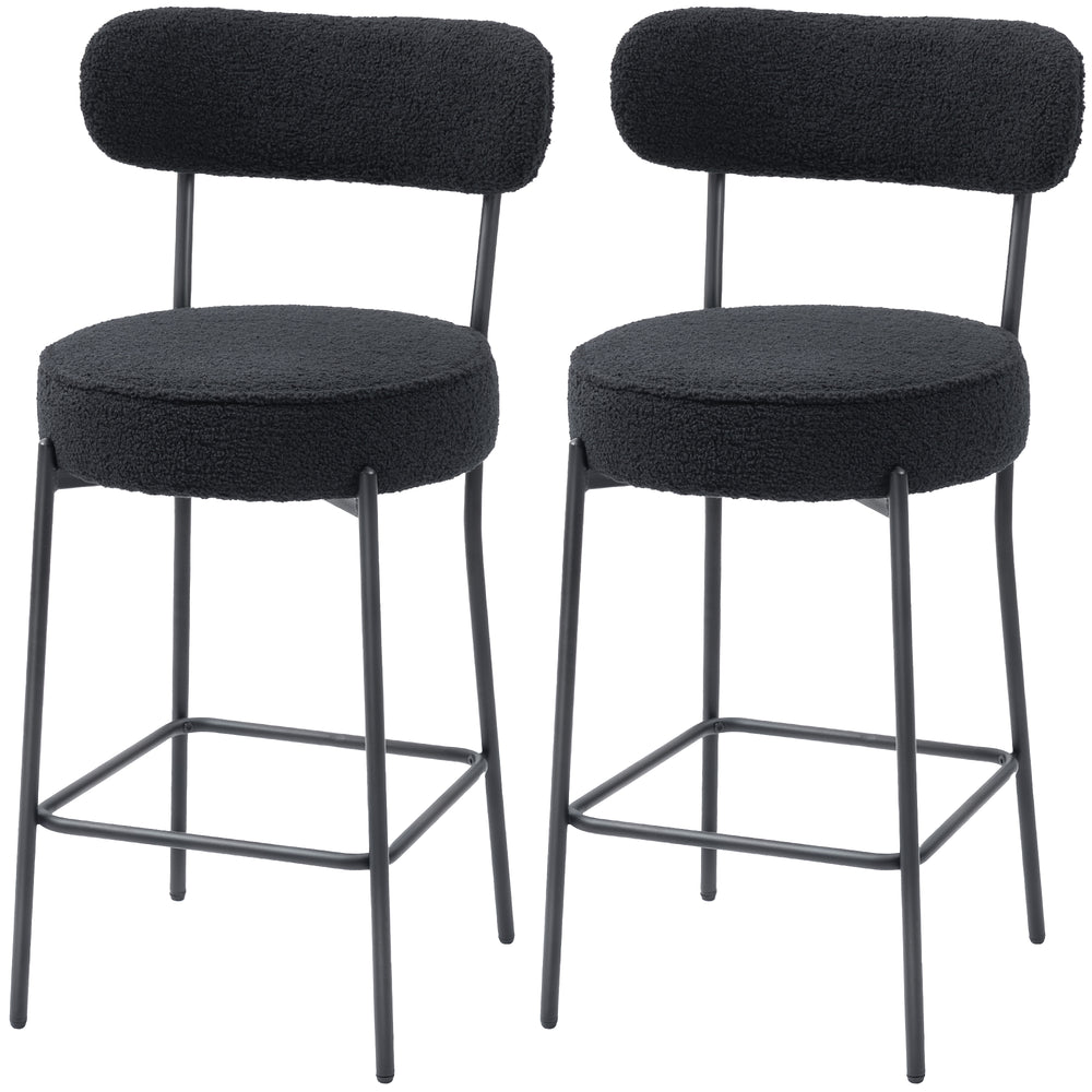Set of 2 upholstered bar stools with backrest and footrest, black
