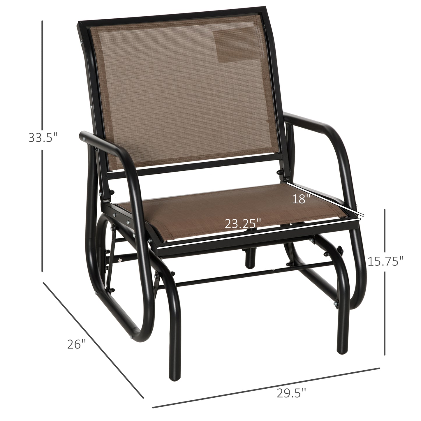 Fauteuil de jardin avec assise et dossier en tissu maillé respirant, cadre en métal et accoudoirs, marron