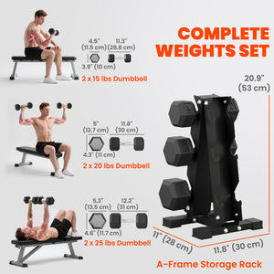 Ensemble de 6 haltères hexagonaux avec support en A, 15 à 25 lb – Noir