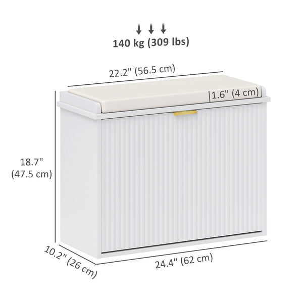 Banc d'entrée avec assise rembourrée et tiroirs rabattables, capacité de charge jusqu'à 120 kg, rangement pour 6 paires de chaussures, blanc