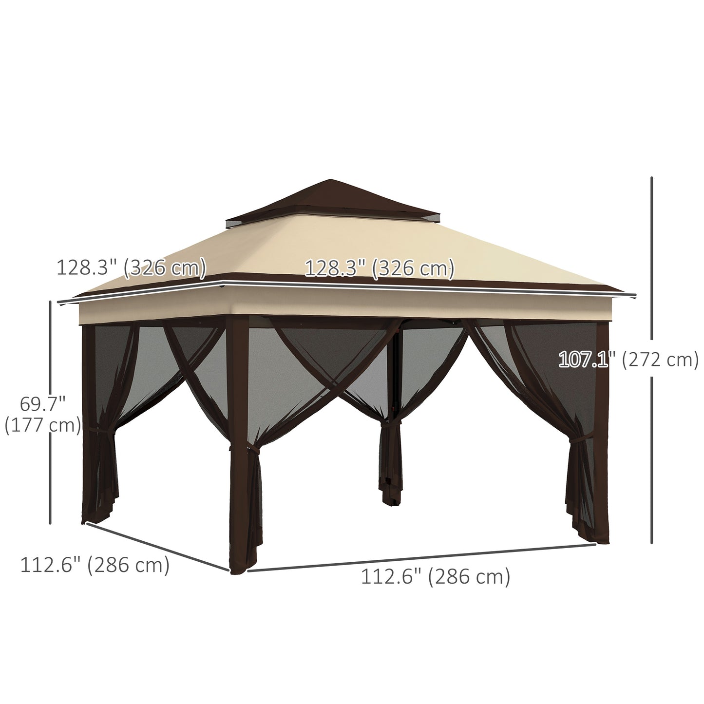 Gazebo pliant 3,3 x 3,3 m réglable avec toit UV30+, rideaux en maille amovibles, beige