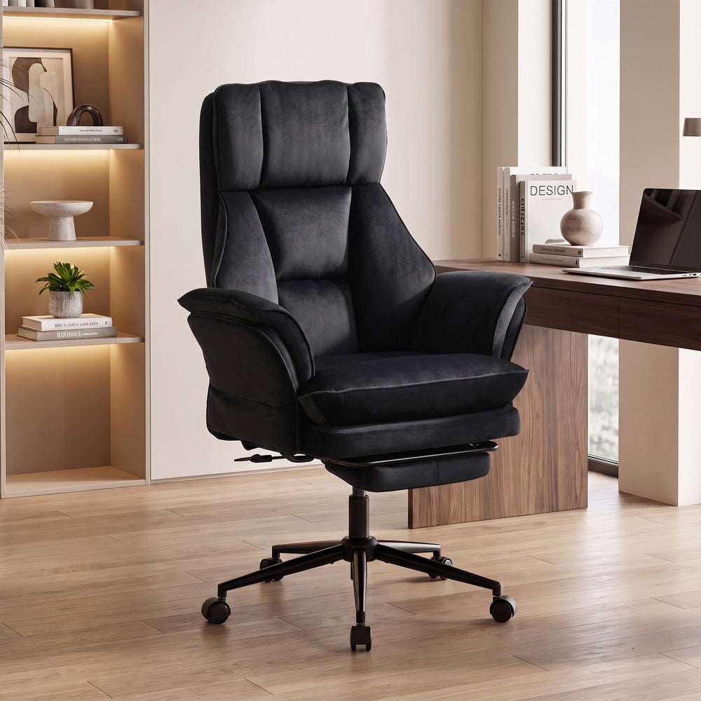 Chaise de bureau inclinable en velours avec repose-pieds et accoudoirs relevables, noir