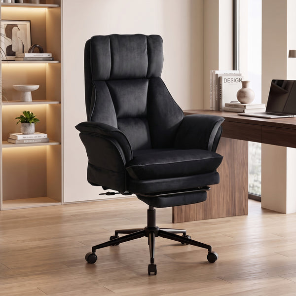Chaise de bureau inclinable en velours avec repose-pieds et accoudoirs relevables, noir