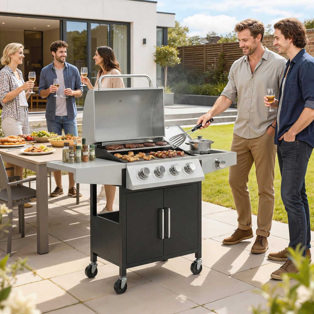 Barbecue à gaz propane 4+1 brûleurs avec brûleur latéral, grille de maintien au chaud et tablette latérale.