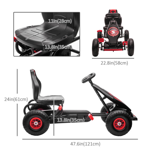 Kart à pédales pour enfants, avec siège ergonomique réglable, frein à main de sécurité, 5 à 12 ans, rouge
