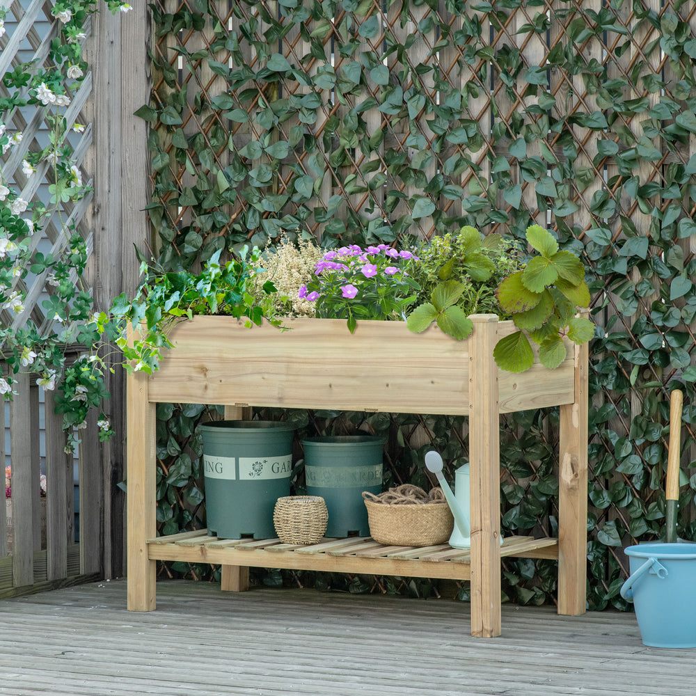 45" x 22" x 33" Raised Garden Bed with Legs and Storage Shelf, Wooden Elevated Planter Box with Drainage Holes for Backyard Patio Balcony, Light Green