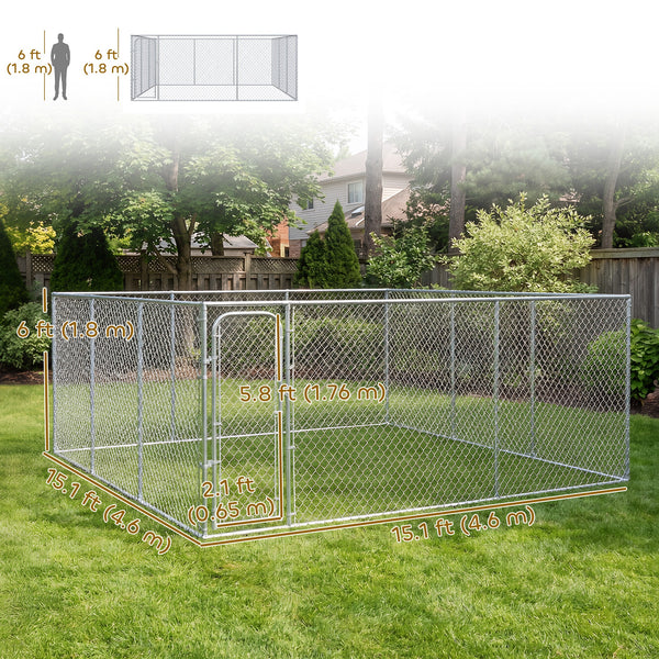 Dog park with gate, galvanized steel structure.