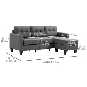 Canapé 3 places avec pouf, coussin épais et pieds en bois, gris foncé