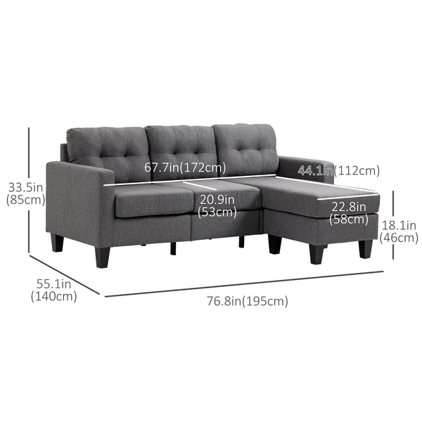 Canapé 3 places avec pouf, coussin épais et pieds en bois, gris foncé