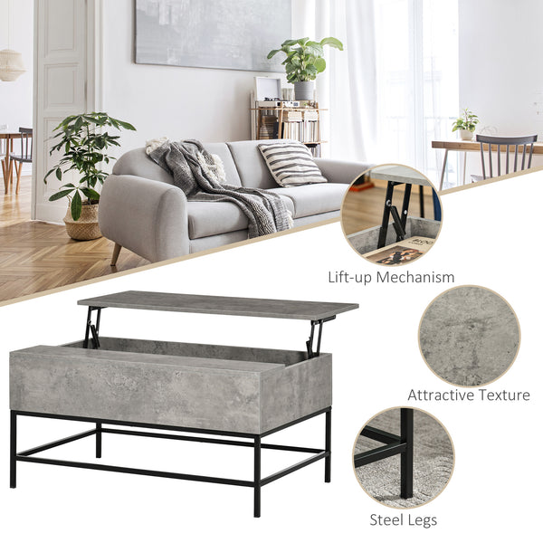 Table basse relevable avec compartiment de rangement dissimulé, gris