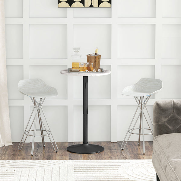 Table de bar réglable pour 2 personnes ronde avec base en acier pour bar à domicile, marbre blanc