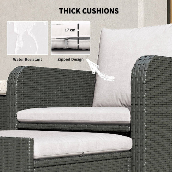 Ensemble de meubles 5 pièces en rotin avec table basse à deux niveaux et poufs, gris et blanc crème