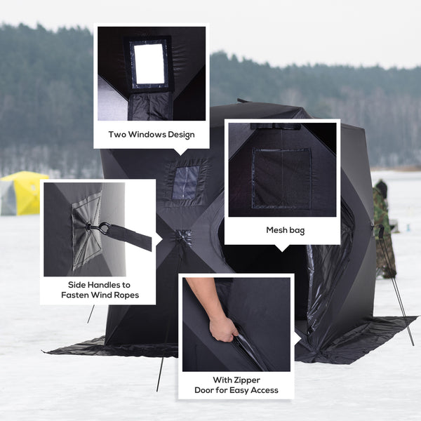 Ice fishing shelter for 2 people, foldable and collapsible, with carry bag, black