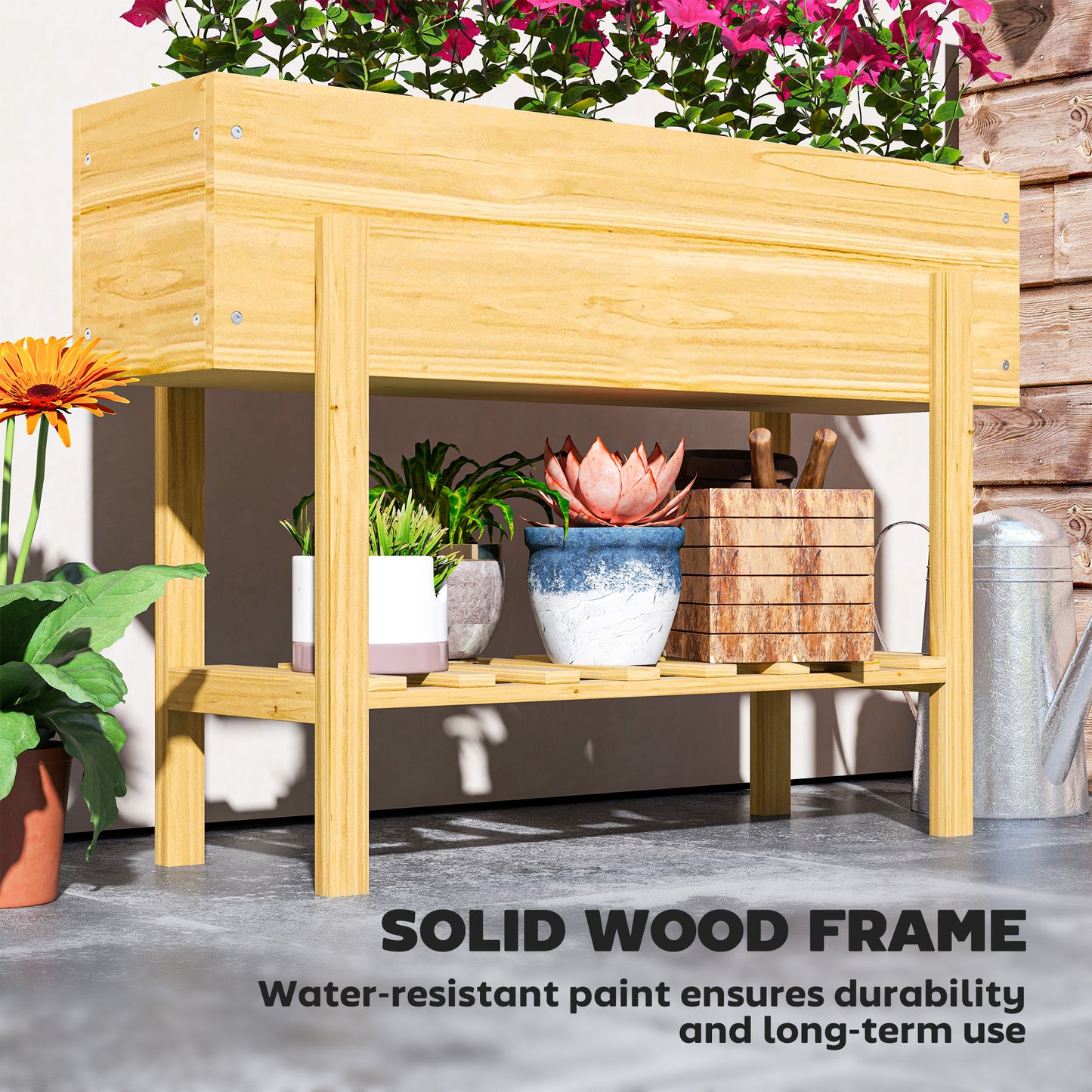 Outsunny Raised Bed with Legs, Raised Planter with Storage Shelf, Garden Deck Covering, Natural Wood