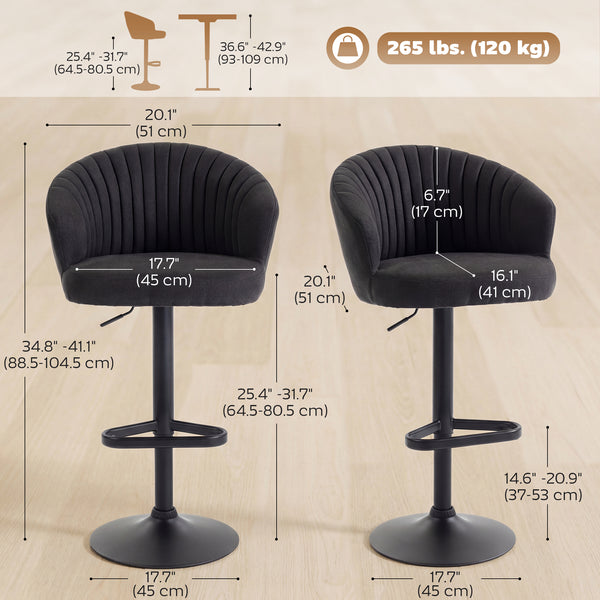 Ensemble de 2 tabourets de bar réglables, rembourrés avec assise pivotante, structure en acier, repose-pieds, noir