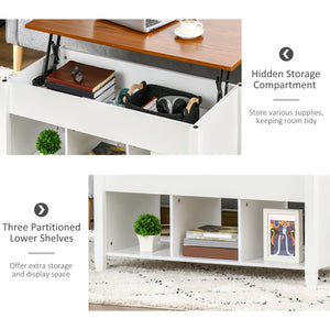 Table basse relevable avec compartiment de rangement dissimulé, blanc et marron