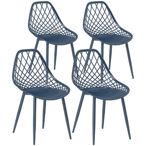 Lot de 4 chaises de salle à manger modernes en plastique avec dossier creux et pieds en métal, bleu
